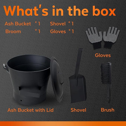 Ash Bucket with Lid and Shovel, 2.6 Gallon Metal Fireplace Ash Bucket with Broom, Complete Fireplace Tools Set for Wood Stove and Fireplace