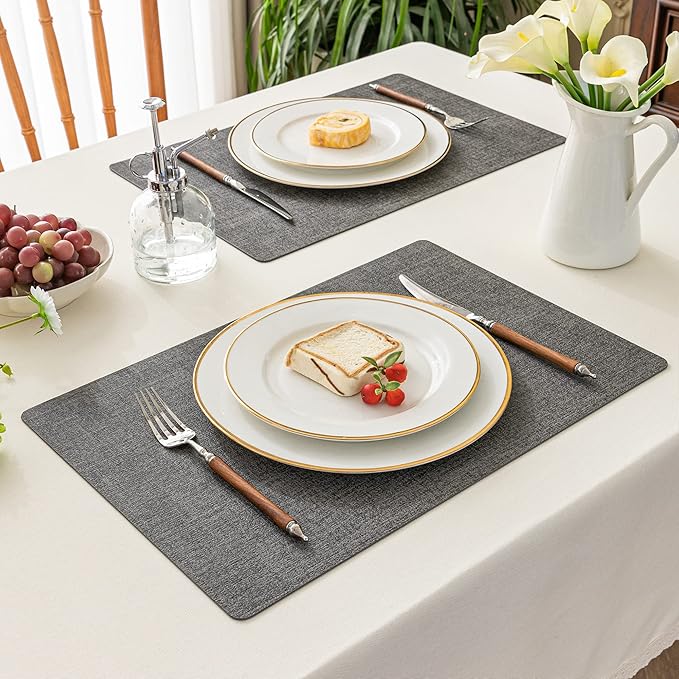 Romanstile Reversible Vinyl Placemats Set of 4, Faux Leather 100% Waterproof Oil-Proof Wipeable Place Mats, Heat Resistant Dual Sided Table Mats for Kitchen/Dining/Party (Dark Gray, 12 x 17 Inch)