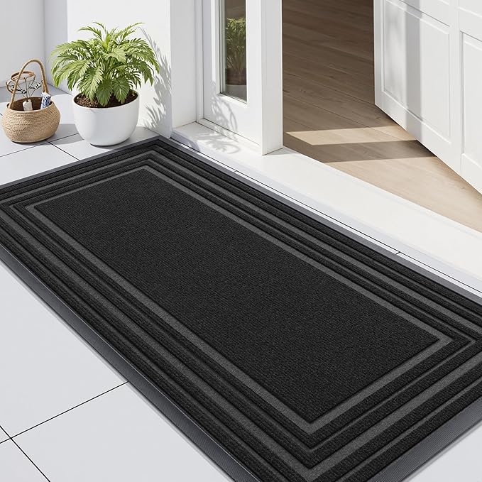 Buganda Front Door Mat Indoor Outdoor Entrance, Non-Slip Natural Rubber Doormats, Easy Clean, Low Profile, Dirt Trapper Entryway Floor Mats for Outside, Garages and Patios, 47x23, Black