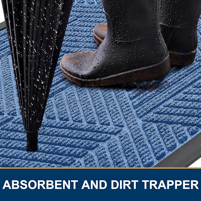Smiry Front Door Mat Outside Entrance, Heavy Duty Sturdy Natural Rubber Doormat, Trap Dirt and Moisture, Easy Clean Low Profile Mats for Indoor Outdoor Entry, Irregular Triangle (71x24, Blue)