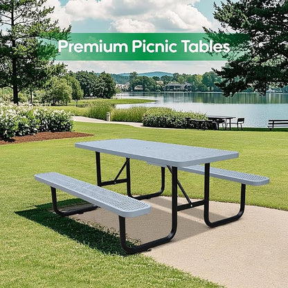 6FT Rectangular Metal Picnic Table for Outdoors, Commercial Steel Metal Picnic Tables, Heavy Duty Sturdy Picnic Tables Furniture Set for Patio Garden Courtyard BBQ, with Umbrella Hole, Grey
