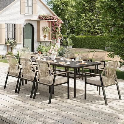 9 Pieces Outdoor Dining Set for 8, Patio Dining Set Wicker Rattan Chairs with 3.1" Cushion and Rectangular Table with Umbrella Hole, Wicker Patio Table and Chairs for Backyard Porch