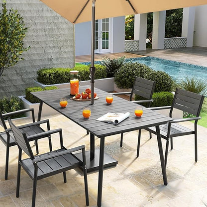 70" Patio Outdoor Dining Table for 6, Weather-Resistant Aluminum Frame with Wood-Grain Top & Umbrella Hole for Deck Gatherings, Grey
