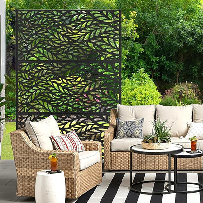 Metal Privacy Screen for Outdoor & Indoor Use, Free Standing Privacy Screen for Patio Garden Pool, 72" H x 47" W Decoative Privacy Panels, Weather Resistant, Easy Assembly (Black Spring Leaf)