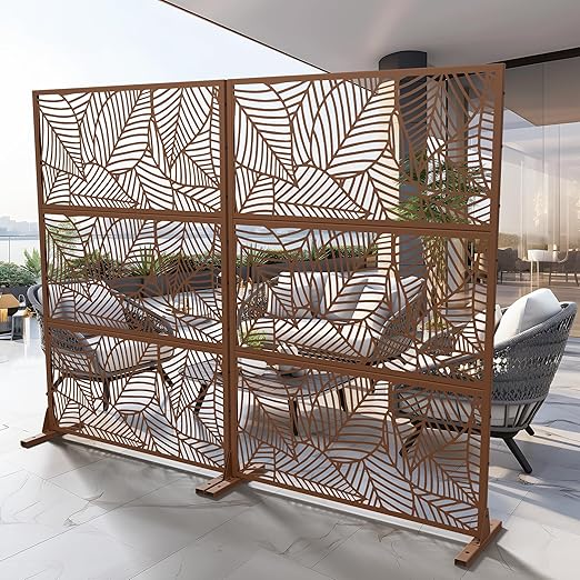 Casaphoria 72" H x 47" W Metal Outdoor Privacy Screen, Freestanding Decorative Divider for Patio, Deck, Balcony, and Garden with Stable Base, Brown Leaves