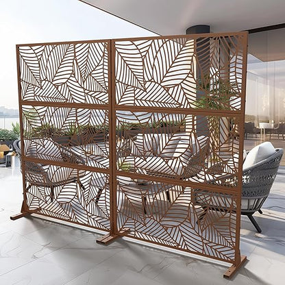 Casaphoria 72" H x 47" W Metal Outdoor Privacy Screen, Freestanding Decorative Divider for Patio, Deck, Balcony, and Garden with Stable Base, Brown Leaves