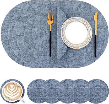 Homaxy Round Faux Leather Placemats and Coasters, Washable Dual-Side Table Mats, Wipeable Heat-Resistant Dining Place Mats for Outdoor and Indoor, Set of 6, Diameter 13 and 3.93 inch, Blue
