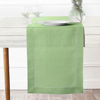 D'Moksha Homes Linen Sage Green Table Runner 60 Inches - Classic Hemstitch, 100% Pure Linen Coffee Table Runner 14 x 60 Inch Ideal for Dresser Tables - Spring, St Patricks Day, Easter