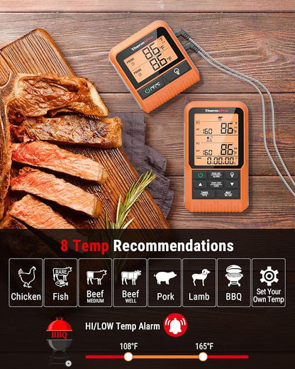ThermoPro TP826 500FT Wireless Meat Thermometer, Dual Meat Probe Cooking Thermometer with HI/Low Alert, Food Grill Temperautre probe, Outdoor Fryer Accessories for BBQ, Smoker, Oven, Grilling Gift