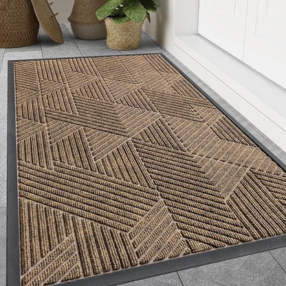 Smiry Front Door Mat Outside Entrance, Heavy Duty Sturdy Natural Rubber Doormat, Trap Dirt and Moisture, Easy Clean Low Profile Mats for Indoor Outdoor Entry, Irregular Triangle (47x24, Brown)