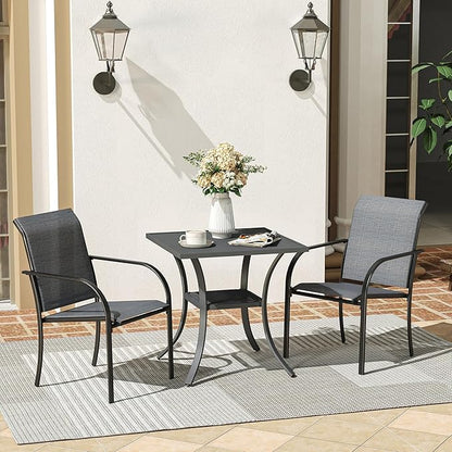VICLLAX Patio Dining Table, Square Table Metal Outdoor Bistro Table with Rack for Balcony Garden Deck, 28inch Dark Grey