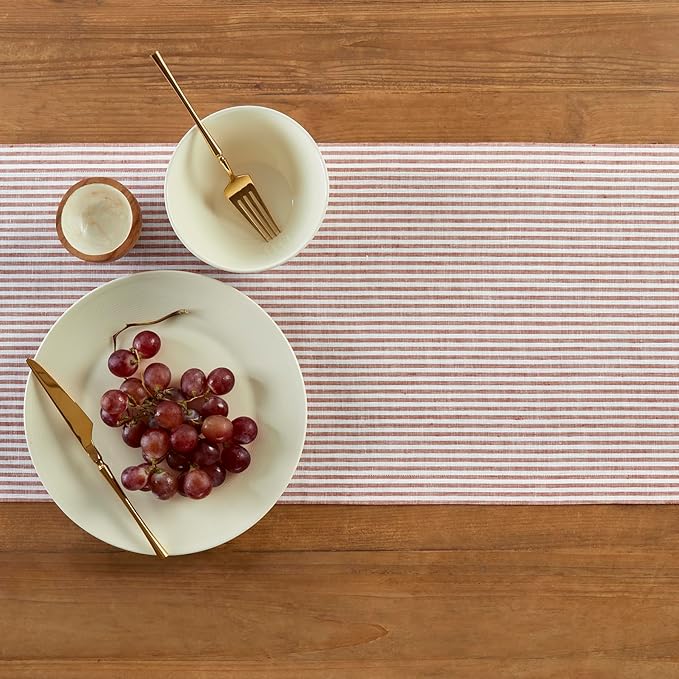 Solino Home Linen Table Runner 48 Inches - Narrow Stripe 100% Pure Linen Cinnamon and White Table Runner 14 x 48 Inch Ideal for Dresser and Coffee Tables