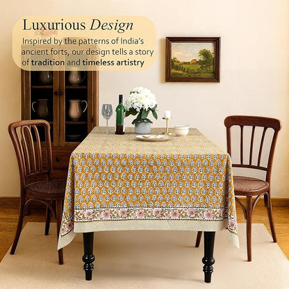 CPC Tablecloth 100% Cotton 80x120 Inch Indian Block Print Rectangle Table Cover, Gray Table Cloth for Weddings, Spring/Summer, Barbeque - Yellow Citrine