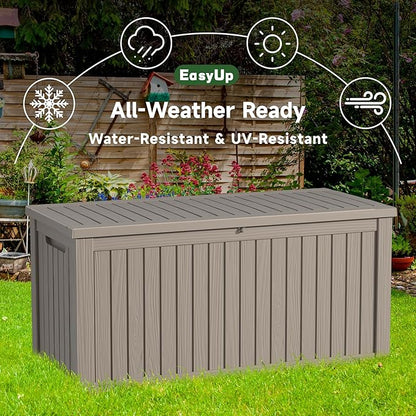 EasyUp 200 Gallon Outdoor Storage Box Waterproof, Lockable Resin Deck Box UV Resistant with Hydraulic Rod, Reinforced Stability for Patio, Garden, and Pool, Striped Gray