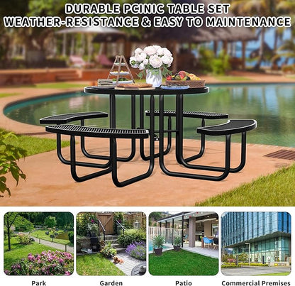46'' Round Metal Picnic Table for Outdoors, Commercial Steel Metal Picnic Tables, Heavy Duty Sturdy Picnic Tables Furniture Set for Patio Garden Courtyard BBQ, with Umbrella Hole