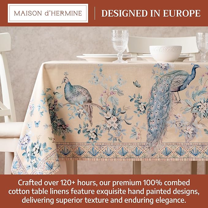 Maison d' Hermine Premium Table Cloth Square Table 100% Combed Cotton 70 x 70 Inches Tablecloth Reusable Decorative for Dining Room, Farmhouse, Party, Festive & Wedding - Peacock Utopia - Sandy Beach