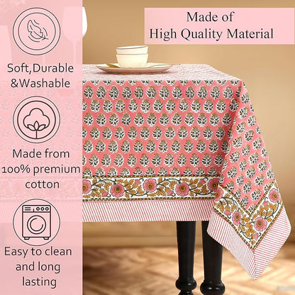 CPC Tablecloth 100% Cotton 70x118 Inch Indian Block Print Rectangle Table Cover, Washable Table Cloth for Weddings, Spring/Summer, Barbeque - Poppy Pink