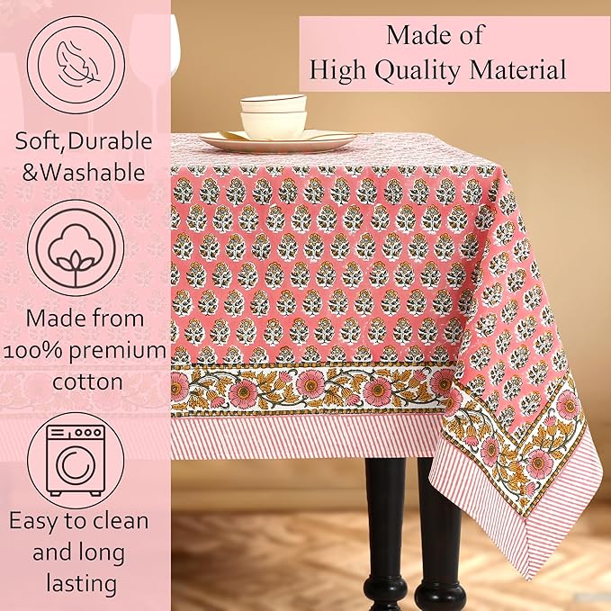 CPC Tablecloth 100% Cotton 70x108 Inch Indian Block Print Rectangle Table Cover, Washable Table Cloth for Weddings, Spring/Summer, Barbeque - Poppy Pink