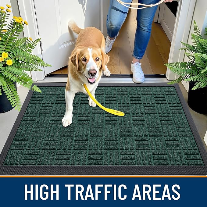 OLANLY Front Door Mat Outside Entrance 59x34, Absorbent, Heavy Duty Sturdy Natural Rubber Doormat Indoor Outdoor, Non-Slip, Stain and Fade Resistant, Low Profile Floor Mat for Entryway, Black Green