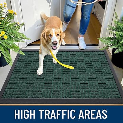 OLANLY Front Door Mat Outside Entrance 47x17, Absorbent, Heavy Duty Sturdy Natural Rubber Doormat Indoor Outdoor, Non-Slip, Stain and Fade Resistant, Low Profile Floor Mat for Entryway, Black Green