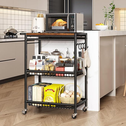 Microwave Kitchen Cart with Push Handle, 3 Tier Rolling Cart with 2 Lockable Wheels, Vintage Kitchen Storage Cart with 210Lbs Capacity for Kitchen Island, Restaurant, Coffee Bar, Living Room, Office