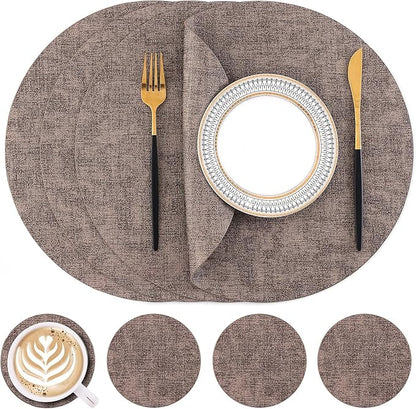Homaxy Round Faux Leather Placemats and Coasters, Washable Dual-Side Table Mats, Wipeable Heat-Resistant Dining Place Mats for Outdoor and Indoor, Set of 4, Diameter 13 and 3.93 inch, Dark Brown