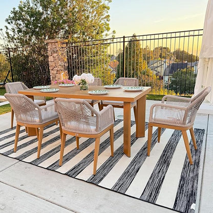 PURPLE LEAF 7 Pieces Patio Dining Set Aluminum Modern Rectangular Table and Rattan Arm Chairs with Cushions for Kitchen Porch Garden Outdoor Furniture Set with Bar Stools, Teak