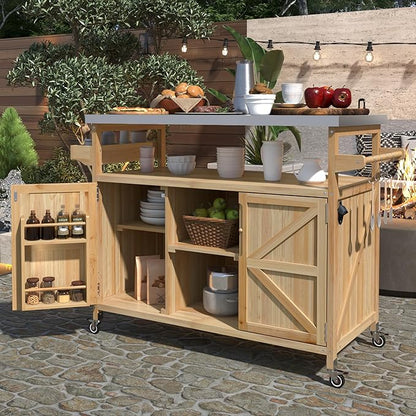 50.25" W Grill Cart with Stainless Steel Tabletop - Outdoor Storage Cabinet for BBQ, Bar Patio Kitchen Island with Ample Storage and Lockable Wheels