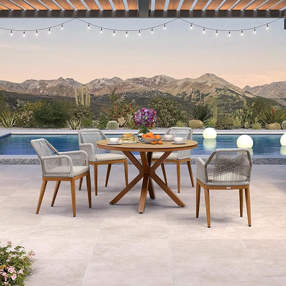 PURPLE LEAF 5 Pieces Patio Round Dining Set Aluminum Oversize Round Table and Rattan Arm Chairs with Cushions for Kitchen Porch Garden Modern Outdoor Furniture Sets