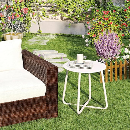 HollyHOME Round Metal Side Table, Rust-Resistant Patio Small Plant Stand, Outdoor 17.32'' Portable End Table for Balconies, Gardens, Living Rooms and Bedrooms, White