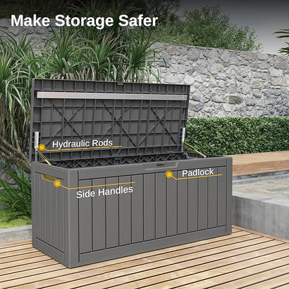 EAST OAK Outdoor Storage Box, 90 Gallon Deck Box, Waterproof Resin Storage Bin for Patio Cushions, Gardening Tools, Lockable, UV Resistant, Grey