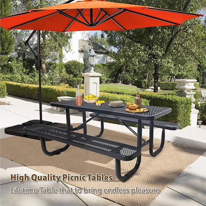 6 FT Metal Picnic Tables for Outside, Outdoor Coated Steel Heavy Duty Commercial Picnic Table with Benches, Patio Table Rectangular Furniture Set for Garden, Lawn, Shops, Parks