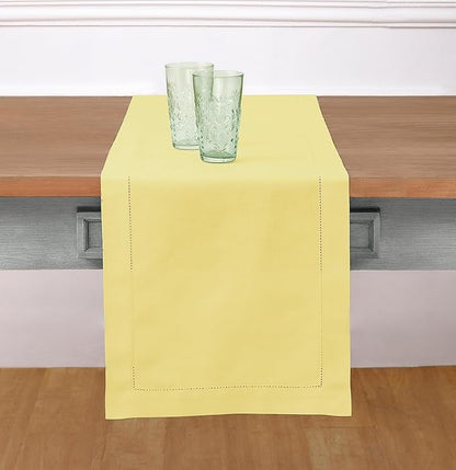 Solino Home Cotton Linen Yellow Table Runner 120 Inches Long - Hemstitch 14 x 120 Inch Table Runner for Spring, Easter