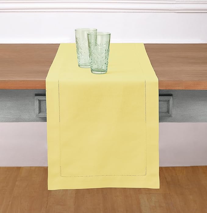 Solino Home Yellow Table Runner 108 Inches Long - Cotton Linen Hemstitch 14 x 108 Inch Table Runner for Dining, Spring, Easter