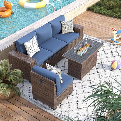 5 Piece Patio Furniture Set with Fire Pit Table, Wide Armrest Modular Outdoor Conversation Sets Brown PE Wicker Rattan Sectional Sofa, 4'' Thickened Cushion Navy Blue