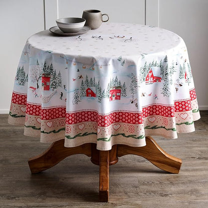 Maison d' Hermine Table Cloth Round Table 100% Cotton 63 Inches Fall Tablecloth Reusable Everyday Use for Thanksgiving Christmas Decorations Dining Farmhouse Party (Rural Christmas)