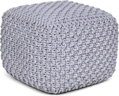 BIRDROCK HOME Square Pouf Ottoman | Cotton Braided Foot Stool with Bean Bag Filling | Boho Foot Rest for Living Room, Bedroom | Compact & Comfortable Seating, Lightweight & Sturdy | Grey