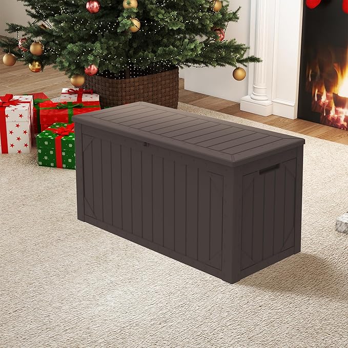 100 Gallon Outdoor Storage Box Waterproof, Lockable Resin Deck Box Patio Storage Bin for Pool Accessories Cushion Furniture, Garden Tools, UV-Resistant Outside Delivery, Brown