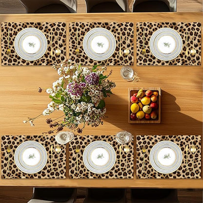 Leopard Skin Texture Placemats Set of 6, Placemats Washable Kitchen Dining Linen Table Mats Stain Heat-Resistant for Home Party Indoor 12x18 inch