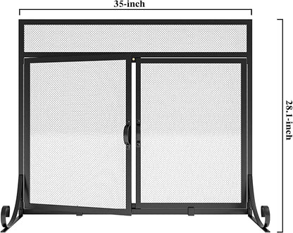 Flat Fireplace Screen with Doors,Solid Wrought Iron Frame with Metal Mesh, Flat Panel Decorative Fireplace Screen with Modern Design, Free Standing Spark Guard
