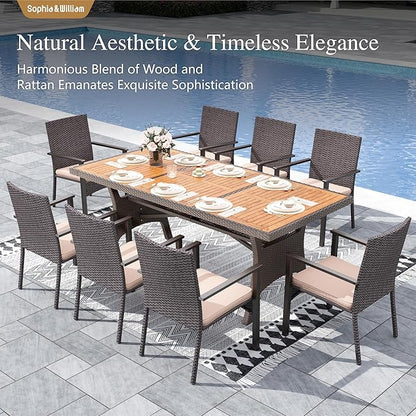 Sophia & William 9 Piece Patio Dining Set, Patio Table and Chairs Set Outdoor Dining Set for 8, Acacia Wood Patio Dining Table Set with PE Rattan Wicker Chairs for Garden, Porch, Backyard