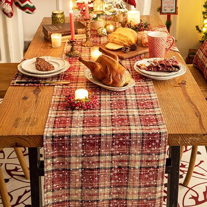 Red Plaid Snowflake Christmas Table Runner, Winter Holiday Table Runners 108 inches Long Xmas Decorations Indoor Outdoor Farmhouse Home Kitchen Dining Party Decor