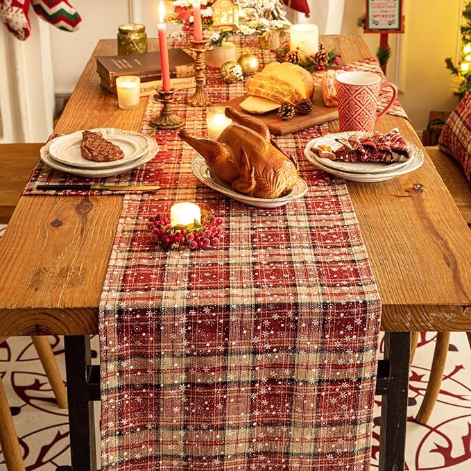 Red Plaid Snowflake Christmas Table Runner, Winter Holiday Table Runners 72 inches Long Xmas Decorations Indoor Outdoor Farmhouse Home Kitchen Dining Party Decor