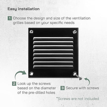 Vent Systems 4'' x 4'' Inch (Overall Dimensions) Pack of 10 - Black - Air Vent Cover Metal Air Return Grill with Built in Guard Screen Mesh - HVAC Vent Duct Cover, Soffit Vent for Indoor & Outdoor