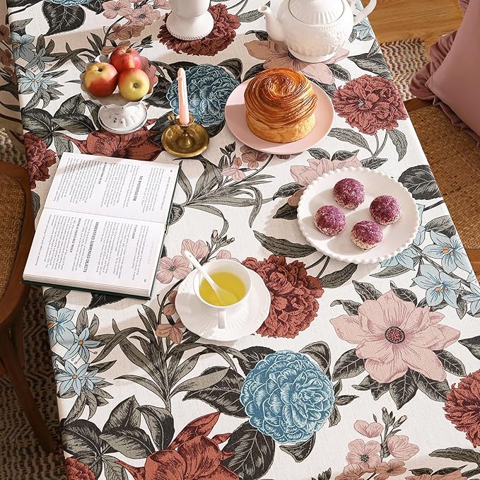 Designer French Linen Tablecloth for Square Tabl,Red and Blue Floral Rustic Durable Tablecloths,Decorative Table Cover for Kitchen Dining Thanksgiving,Farmhouse,67" × 67"-Burgundyred