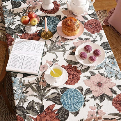 Designer French Linen Tablecloth for Rectangle Table,Red and Blue Floral Rustic Durable Tablecloths,Decor Table Cover for Kitchen,Dining,Thanksgiving,Home,55" × 87"-Burgundyred