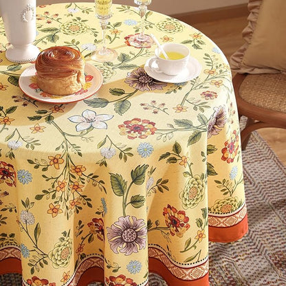 Vintage Linen Tablecloth for Round Table,Yellow Floral French Wrinkle Free Tablecloths,Decorative Table Cover for Kitchen,Dining,Thanksgiving,Party,Farmhouse,Diameter 67"-Bellano