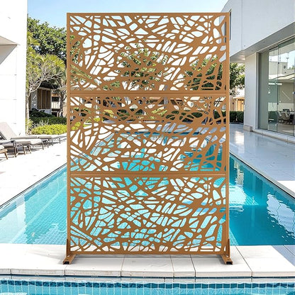 Metal Privacy Screen for Outdoor & Indoor Use, Free Standing Privacy Screen for Patio Garden Pool, 72" H x 47" W Decoative Privacy Panels, Weather Resistant, Easy Assembly (Brown Net)