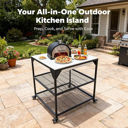 JIN BETTER GRILL PARTS Heavy-Duty Steel Frame Outdoor Kitchen Cart | Stainless Steel Tabletop & 4 Locking Wheels | 31.5" Versatile BBQ Workstation for Ninja, Blackstone, Pizza Ovens