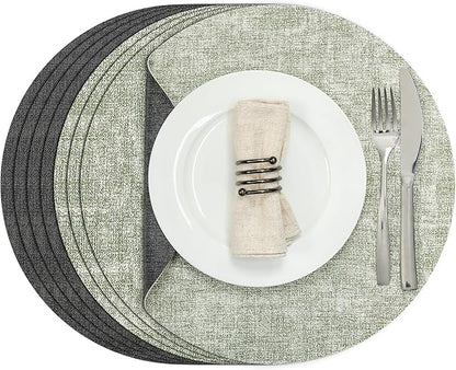 Myir JUN Round Placemats Dual Sided, Faux Leather Place Mats Set of 4 Indoor Placemats for Dining Table Outdoor Placemats Non-Slip Washable Table Mats (Set of 8, Gray Grass Green)